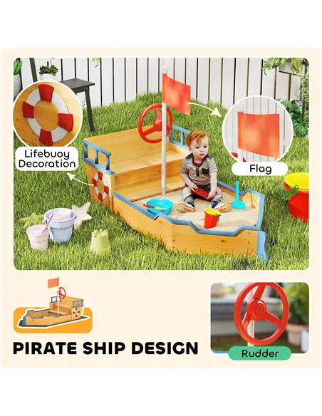 Outsunny Sand pit Kids Children Sandpit Wooden Pirate Ship Sandboat Outdoor Backyard Playset w/Bench Bottom Liner