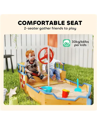 Outsunny Sand pit Kids Children Sandpit Wooden Pirate Ship Sandboat Outdoor Backyard Playset w/Bench Bottom Liner