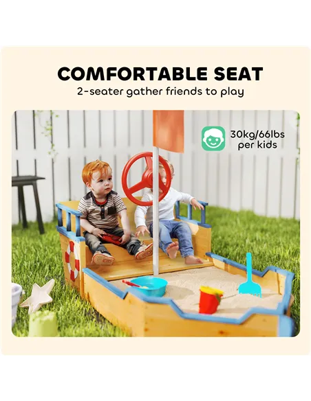 Outsunny Sand pit Kids Children Sandpit Wooden Pirate Ship Sandboat Outdoor Backyard Playset w/Bench Bottom Liner