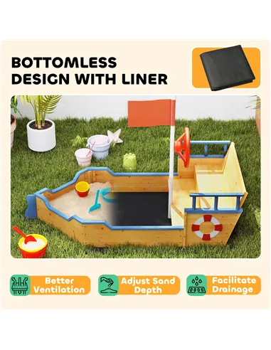 Outsunny Sand pit Kids Children Sandpit Wooden Pirate Ship Sandboat Outdoor Backyard Playset w/Bench Bottom Liner