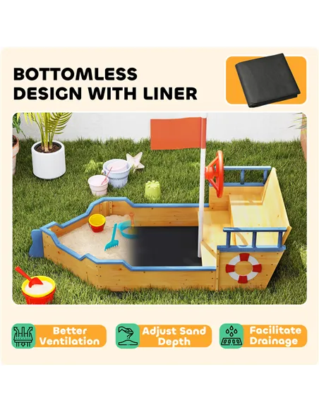 Outsunny Sand pit Kids Children Sandpit Wooden Pirate Ship Sandboat Outdoor Backyard Playset w/Bench Bottom Liner