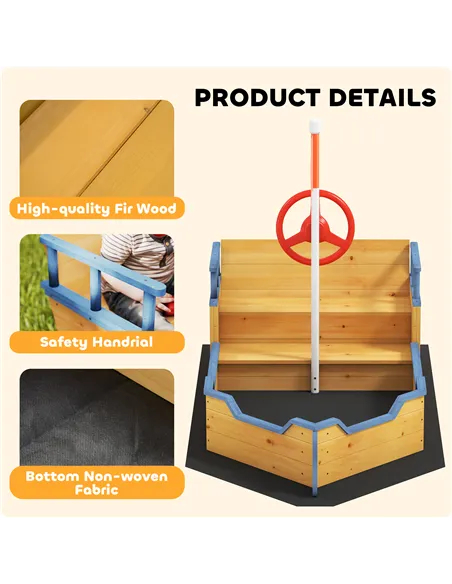 Outsunny Sand pit Kids Children Sandpit Wooden Pirate Ship Sandboat Outdoor Backyard Playset w/Bench Bottom Liner