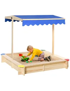 Outsunny Kids Wooden Sand Pit Sandbox Children Square Outdoor Playset Adjustable Canopy Bench Seat 120x120x120cm