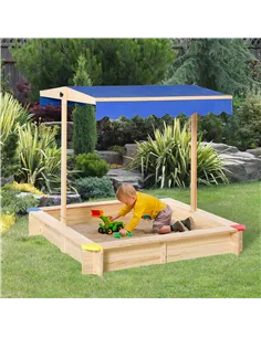 Outsunny Kids Wooden Sand Pit Sandbox Children Square Outdoor Playset Adjustable Canopy Bench Seat 120x120x120cm 2