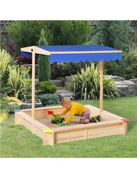 Outsunny Kids Wooden Sand Pit Sandbox Children Square Outdoor Playset Adjustable Canopy Bench Seat 120x120x120cm