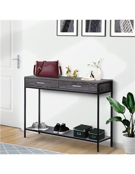 HOMCOM Console Table Worktop Bottom Shelf Home Two Drawer Industrial Minimal Style Grey Wood Tone Effect