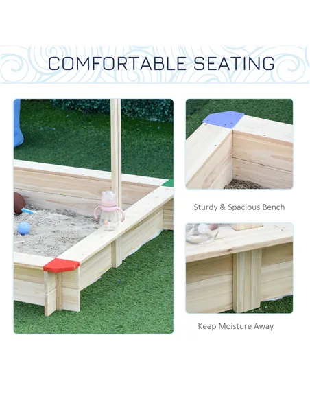 Outsunny Kids Wooden Sand Pit Sandbox Children Square Outdoor Playset Adjustable Canopy Bench Seat 120x120x120cm