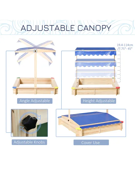Outsunny Kids Wooden Sand Pit Sandbox Children Square Outdoor Playset Adjustable Canopy Bench Seat 120x120x120cm