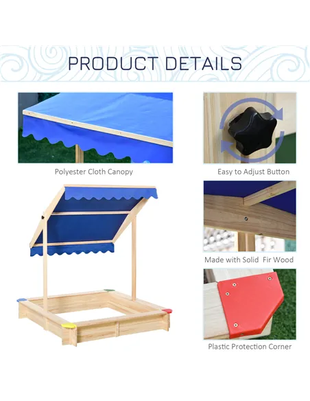Outsunny Kids Wooden Sand Pit Sandbox Children Square Outdoor Playset Adjustable Canopy Bench Seat 120x120x120cm