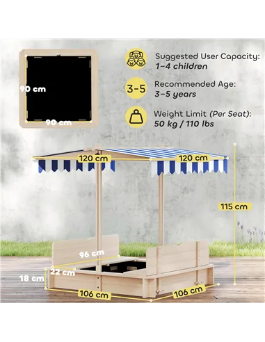 Outsunny Kids Square Wooden Sandpit, Children Sandbox Outdoor Playset