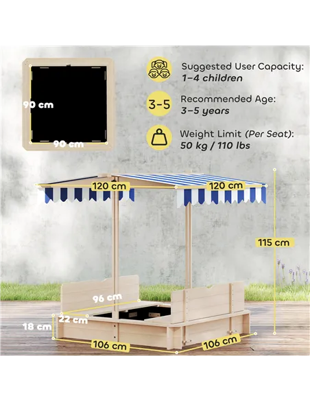 Outsunny Kids Square Wooden Sandpit, Children Sandbox Outdoor Playset