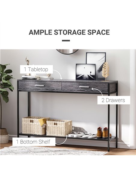 HOMCOM Console Table Worktop Bottom Shelf Home Two Drawer Industrial Minimal Style Grey Wood Tone Effect