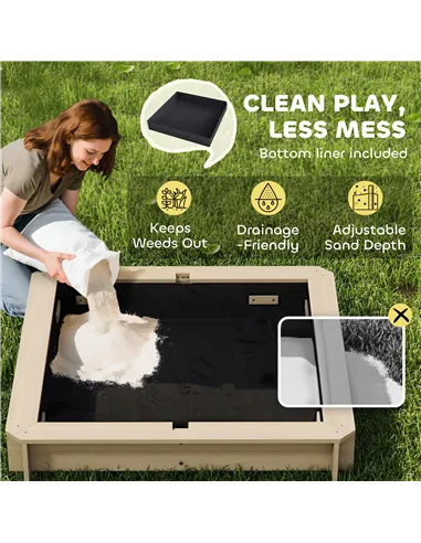 Outsunny Kids Square Wooden Sandpit, Children Sandbox Outdoor Playset