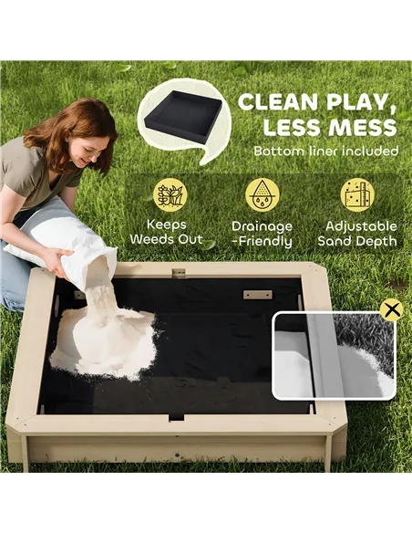 Outsunny Kids Square Wooden Sandpit, Children Sandbox Outdoor Playset