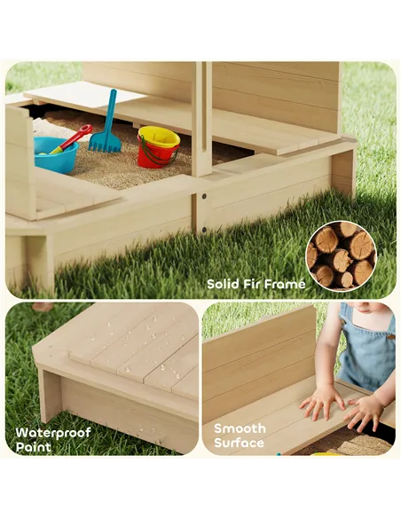 Outsunny Kids Square Wooden Sandpit, Children Sandbox Outdoor Playset