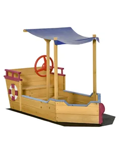 Outsunny Kids Wooden Sand Pit Children Sandbox Pirate Ship Sandboat Play Station for Outdoor w/ Canopy Shade Storage Bench Botto