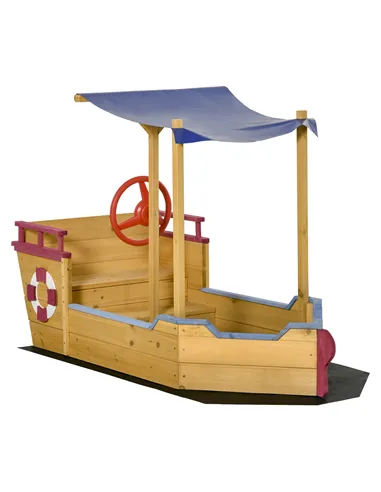 Outsunny Kids Wooden Sand Pit Children Sandbox Pirate Ship Sandboat Play Station for Outdoor w/ Canopy Shade Storage Bench Botto