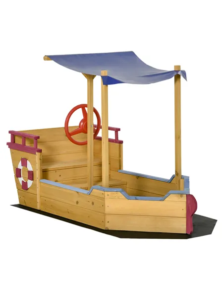 Outsunny Kids Wooden Sand Pit Children Sandbox Pirate Ship Sandboat Play Station for Outdoor w/ Canopy Shade Storage Bench Botto