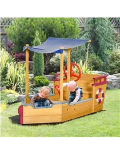 Outsunny Kids Wooden Sand Pit Children Sandbox Pirate Ship Sandboat Play Station for Outdoor w/ Canopy Shade Storage Bench Botto 2