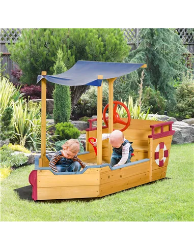 Outsunny Kids Wooden Sand Pit Children Sandbox Pirate Ship Sandboat Play Station for Outdoor w/ Canopy Shade Storage Bench Botto