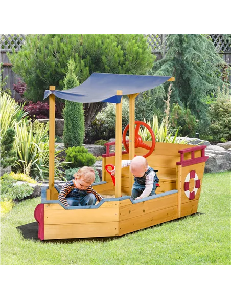 Outsunny Kids Wooden Sand Pit Children Sandbox Pirate Ship Sandboat Play Station for Outdoor w/ Canopy Shade Storage Bench Botto