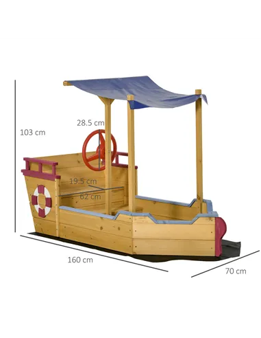 Outsunny Kids Wooden Sand Pit Children Sandbox Pirate Ship Sandboat Play Station for Outdoor w/ Canopy Shade Storage Bench Botto