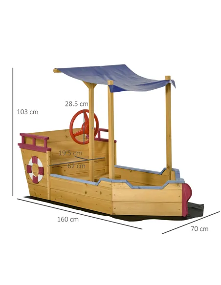 Outsunny Kids Wooden Sand Pit Children Sandbox Pirate Ship Sandboat Play Station for Outdoor w/ Canopy Shade Storage Bench Botto