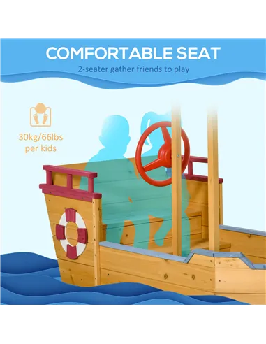 Outsunny Kids Wooden Sand Pit Children Sandbox Pirate Ship Sandboat Play Station for Outdoor w/ Canopy Shade Storage Bench Botto