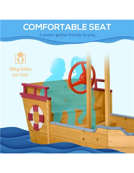Outsunny Kids Wooden Sand Pit Children Sandbox Pirate Ship Sandboat Play Station for Outdoor w/ Canopy Shade Storage Bench Botto