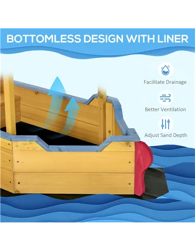 Outsunny Kids Wooden Sand Pit Children Sandbox Pirate Ship Sandboat Play Station for Outdoor w/ Canopy Shade Storage Bench Botto