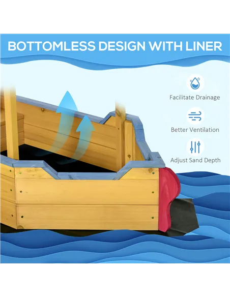 Outsunny Kids Wooden Sand Pit Children Sandbox Pirate Ship Sandboat Play Station for Outdoor w/ Canopy Shade Storage Bench Botto
