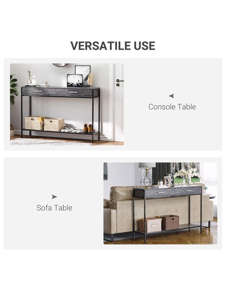 HOMCOM Console Table Worktop Bottom Shelf Home Two Drawer Industrial Minimal Style Grey Wood Tone Effect