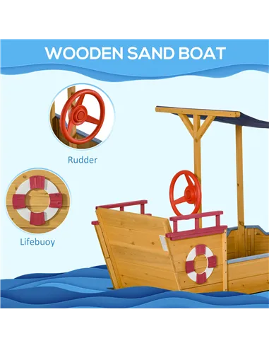 Outsunny Kids Wooden Sand Pit Children Sandbox Pirate Ship Sandboat Play Station for Outdoor w/ Canopy Shade Storage Bench Botto
