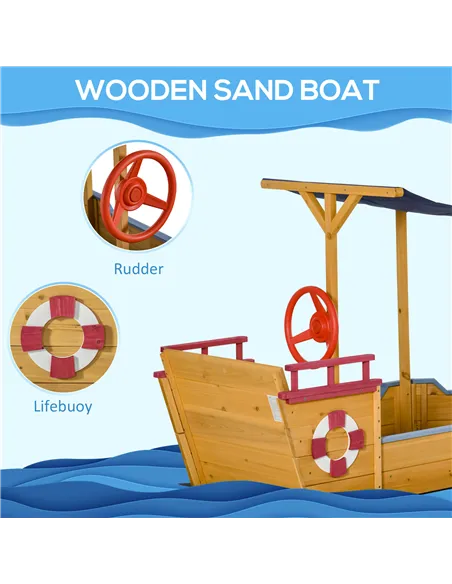 Outsunny Kids Wooden Sand Pit Children Sandbox Pirate Ship Sandboat Play Station for Outdoor w/ Canopy Shade Storage Bench Botto
