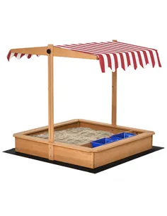 Outsunny Sand Pit Kids Wooden Sandbox with Cover Children Sandpit Play Station Height Adjustable with Canopy, Bottom Liner, Plas