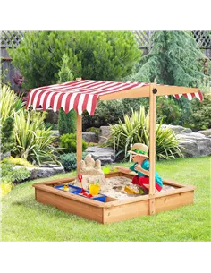 Outsunny Sand Pit Kids Wooden Sandbox with Cover Children Sandpit Play Station Height Adjustable with Canopy, Bottom Liner, Plas 2