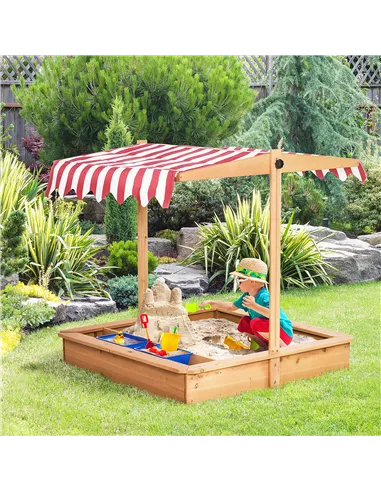 Outsunny Sand Pit Kids Wooden Sandbox with Cover Children Sandpit Play Station Height Adjustable with Canopy, Bottom Liner, Plas