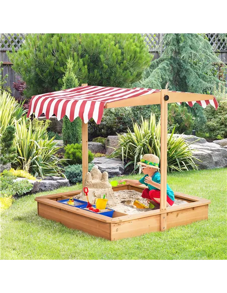 Outsunny Sand Pit Kids Wooden Sandbox with Cover Children Sandpit Play Station Height Adjustable with Canopy, Bottom Liner, Plas