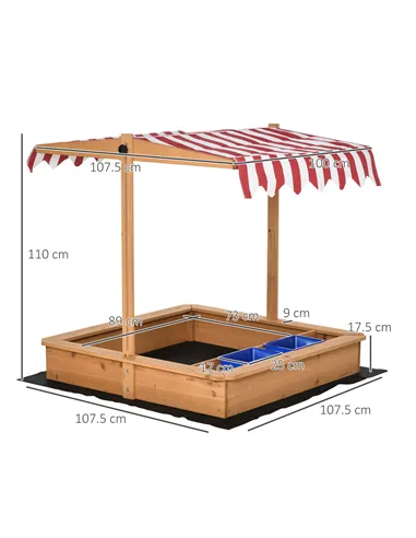 Outsunny Sand Pit Kids Wooden Sandbox with Cover Children Sandpit Play Station Height Adjustable with Canopy, Bottom Liner, Plas