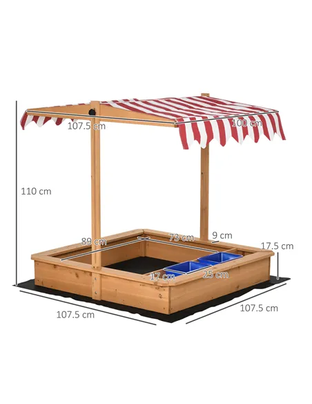 Outsunny Sand Pit Kids Wooden Sandbox with Cover Children Sandpit Play Station Height Adjustable with Canopy, Bottom Liner, Plas