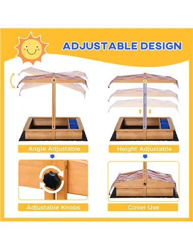 Outsunny Sand Pit Kids Wooden Sandbox with Cover Children Sandpit Play Station Height Adjustable with Canopy, Bottom Liner, Plas