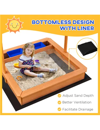 Outsunny Sand Pit Kids Wooden Sandbox with Cover Children Sandpit Play Station Height Adjustable with Canopy, Bottom Liner, Plas