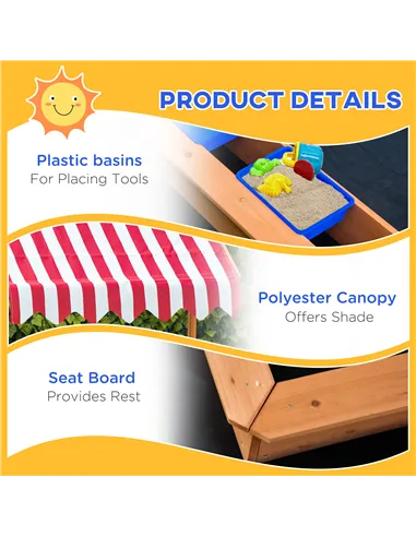 Outsunny Sand Pit Kids Wooden Sandbox with Cover Children Sandpit Play Station Height Adjustable with Canopy, Bottom Liner, Plas