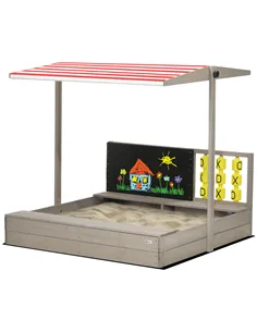 Outsunny Kids Wooden Sandpit, sandbox with canopy & Seats, for Gardens - Grey