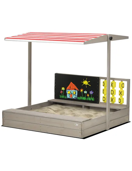 Outsunny Kids Wooden Sandpit, sandbox with canopy & Seats, for Gardens - Grey