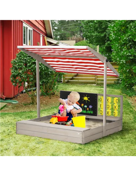 Outsunny Kids Wooden Sandpit, sandbox with canopy & Seats, for Gardens - Grey