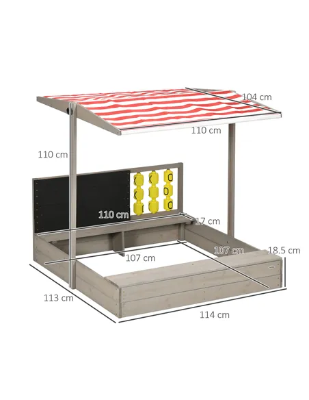 Outsunny Kids Wooden Sandpit, sandbox with canopy & Seats, for Gardens - Grey