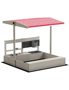 Outsunny Kids Wooden Sandbox w/ Canopy, Kitchen Toys, Seat, Storage, for Ages 3-7 Years