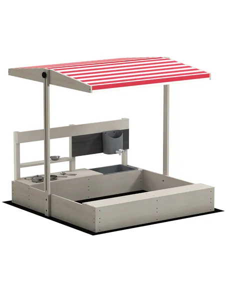 Outsunny Kids Wooden Sandbox w/ Canopy, Kitchen Toys, Seat, Storage, for Ages 3-7 Years