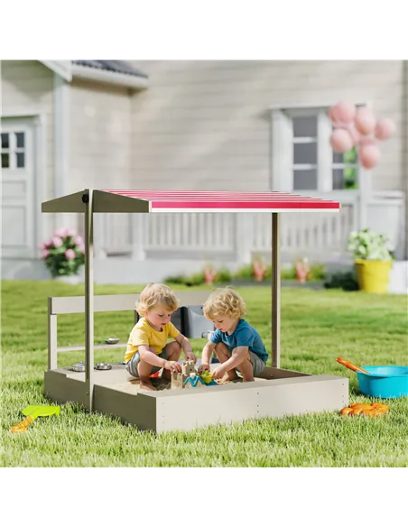 Outsunny Kids Wooden Sandbox w/ Canopy, Kitchen Toys, Seat, Storage, for Ages 3-7 Years